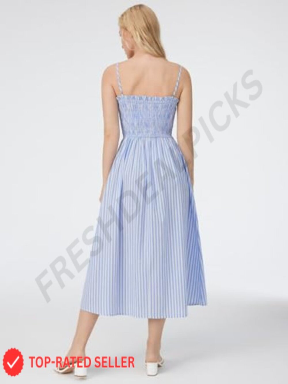 Striped Midi Sundress with Pockets Flowy A-Line Spaghetti Strap Beach Vacation - Picture 4 of 6